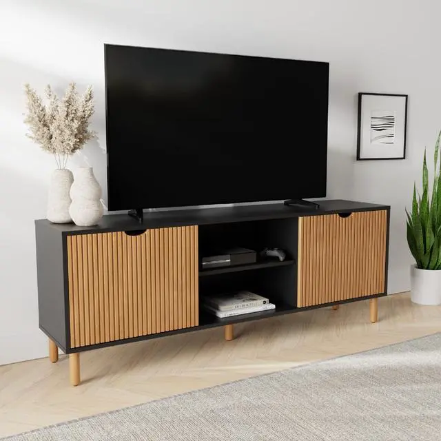 Main image of Stead Modern Fluted TV Stand & Media Console - 70-Inch, Fluted Black & Oak - Entertainment Center for 32-80-Inch Screens with Soft-Close Doors & Cord Management