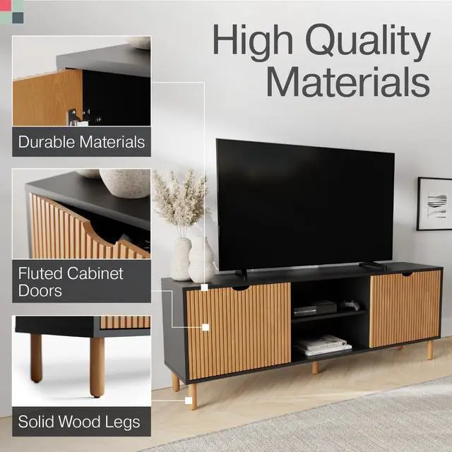 Alt view image 3 of 7 - Stead Modern Fluted TV Stand & Media Console - 70-Inch, Fluted Black & Oak - Entertainment Center for 32-80-Inch Screens with Soft-Close Doors & Cord Management