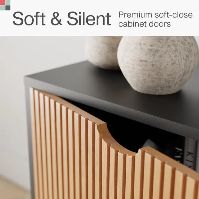 Alt view image 5 of 7 - Stead Modern Fluted TV Stand & Media Console - 70-Inch, Fluted Black & Oak - Entertainment Center for 32-80-Inch Screens with Soft-Close Doors & Cord Management