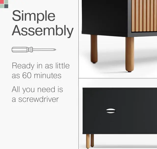 Alt view image 2 of 7 - Stead Modern Fluted TV Stand & Media Console - 70-Inch, Fluted Black & Oak - Entertainment Center for 32-80-Inch Screens with Soft-Close Doors & Cord Management