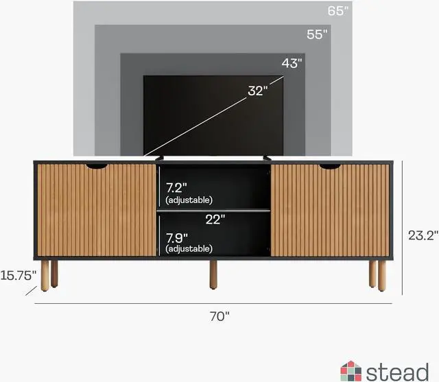 Alt view image 4 of 7 - Stead Modern Fluted TV Stand & Media Console - 70-Inch, Fluted Black & Oak - Entertainment Center for 32-80-Inch Screens with Soft-Close Doors & Cord Management