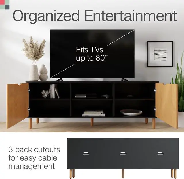 Alt view image 6 of 7 - Stead Modern Fluted TV Stand & Media Console - 70-Inch, Fluted Black & Oak - Entertainment Center for 32-80-Inch Screens with Soft-Close Doors & Cord Management