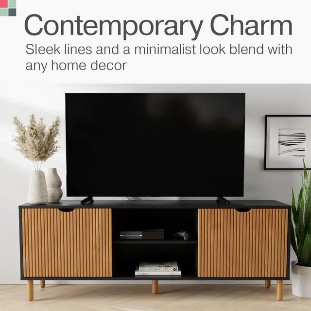 Alt view image 7 of 7 - Stead Modern Fluted TV Stand & Media Console - 70-Inch, Fluted Black & Oak - Entertainment Center for 32-80-Inch Screens with Soft-Close Doors & Cord Management