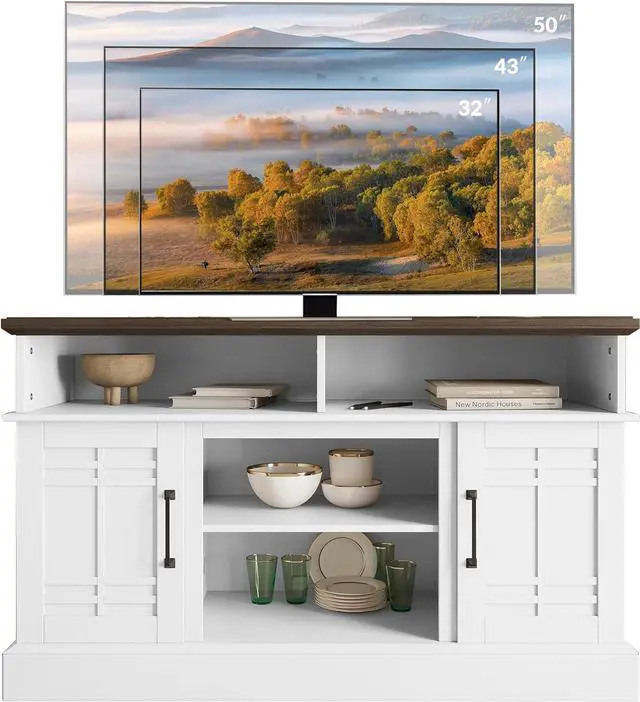 Alt view image 6 of 7 - BELLEZE Modern 48" Farmhouse Wood TV Stand & Media Entertainment Center Console Table for TVs up to 50 Inch with Open Storage Shelves & Cabinets - Norrell (White)