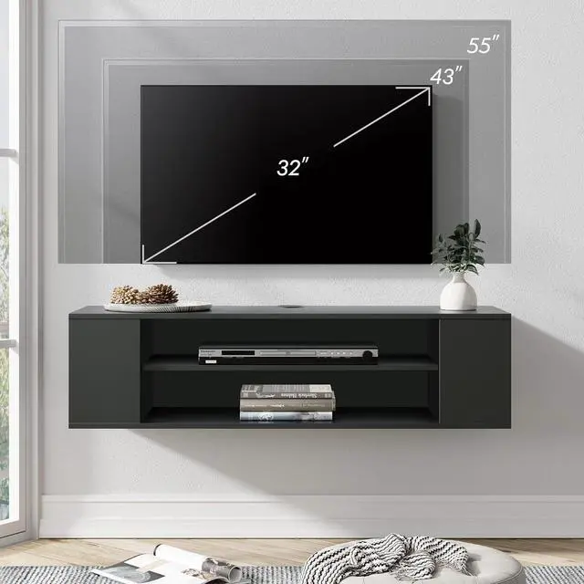 Alt view image 5 of 7 - WAMPAT Floating TV Shelf 3-Tier for 32-55 inch TV, Floating Entertainment Center Wall Mounted with Adjustable Shelf, Media Console with Storage Under TV for Living Room Bedroom, 39.4 inch, Black
