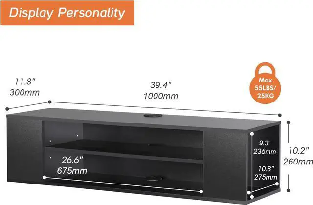 Alt view image 7 of 7 - WAMPAT Floating TV Shelf 3-Tier for 32-55 inch TV, Floating Entertainment Center Wall Mounted with Adjustable Shelf, Media Console with Storage Under TV for Living Room Bedroom, 39.4 inch, Black