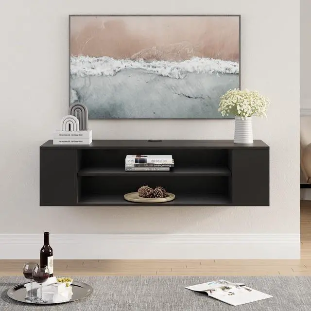 Alt view image 6 of 7 - WAMPAT Floating TV Shelf 3-Tier for 32-55 inch TV, Floating Entertainment Center Wall Mounted with Adjustable Shelf, Media Console with Storage Under TV for Living Room Bedroom, 39.4 inch, Black
