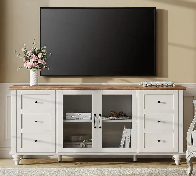 Main image of WAMPAT 4-Door Farmhouse TV Stand for TVs Up to 75 inch, Glass and Wood Universal TV Stand with 4 Storage Cabinets, White Entertainment Center for 32-75 inch TV Console TableWhite