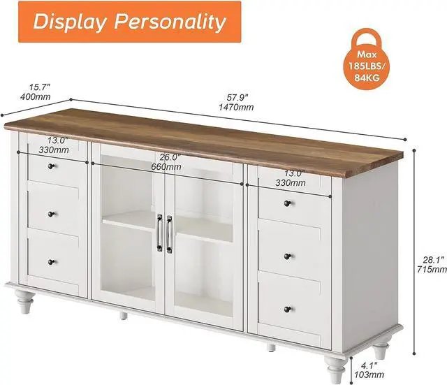 Alt view image 2 of 7 - WAMPAT 4-Door Farmhouse TV Stand for TVs Up to 75 inch, Glass and Wood Universal TV Stand with 4 Storage Cabinets, White Entertainment Center for 32-75 inch TV Console TableWhite