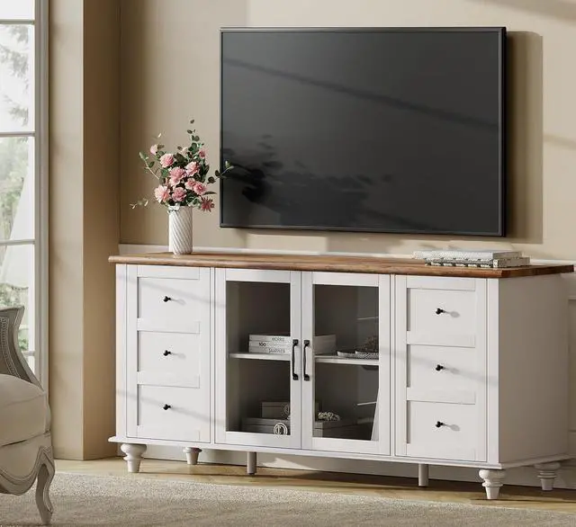 Alt view image 3 of 7 - WAMPAT 4-Door Farmhouse TV Stand for TVs Up to 75 inch, Glass and Wood Universal TV Stand with 4 Storage Cabinets, White Entertainment Center for 32-75 inch TV Console TableWhite