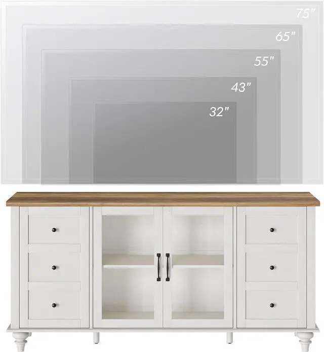 Alt view image 4 of 7 - WAMPAT 4-Door Farmhouse TV Stand for TVs Up to 75 inch, Glass and Wood Universal TV Stand with 4 Storage Cabinets, White Entertainment Center for 32-75 inch TV Console TableWhite