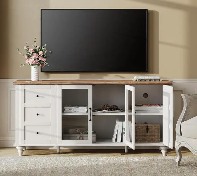 Alt view image 5 of 7 - WAMPAT 4-Door Farmhouse TV Stand for TVs Up to 75 inch, Glass and Wood Universal TV Stand with 4 Storage Cabinets, White Entertainment Center for 32-75 inch TV Console TableWhite