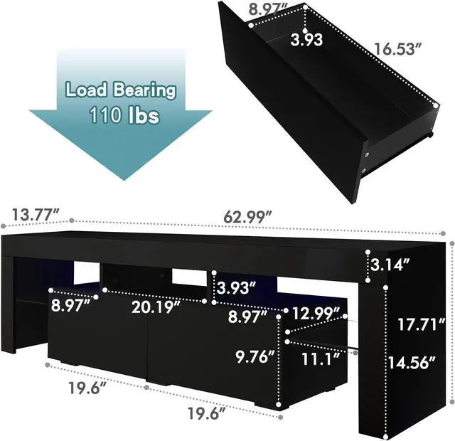 Alt view image 3 of 7 - Black TV Stand with 2 Storage and 3 Open Shelves High Gloss LED TV, TV Entertainment Center TV Console Media Gaming TV Table Stands for Up 50 to 70 Inch