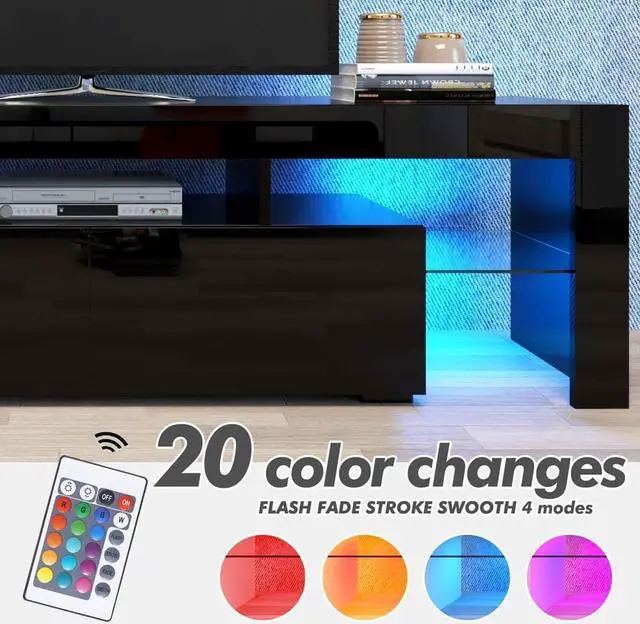 Alt view image 4 of 7 - Black TV Stand with 2 Storage and 3 Open Shelves High Gloss LED TV, TV Entertainment Center TV Console Media Gaming TV Table Stands for Up 50 to 70 Inch
