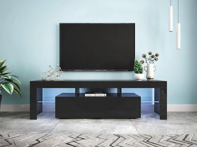 Alt view image 7 of 7 - Black TV Stand with 2 Storage and 3 Open Shelves High Gloss LED TV, TV Entertainment Center TV Console Media Gaming TV Table Stands for Up 50 to 70 Inch