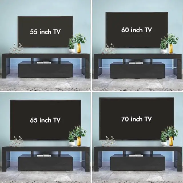 Alt view image 5 of 7 - Black TV Stand with 2 Storage and 3 Open Shelves High Gloss LED TV, TV Entertainment Center TV Console Media Gaming TV Table Stands for Up 50 to 70 Inch
