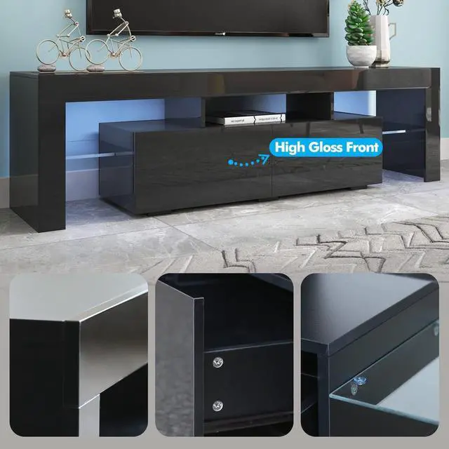 Alt view image 6 of 7 - Black TV Stand with 2 Storage and 3 Open Shelves High Gloss LED TV, TV Entertainment Center TV Console Media Gaming TV Table Stands for Up 50 to 70 Inch