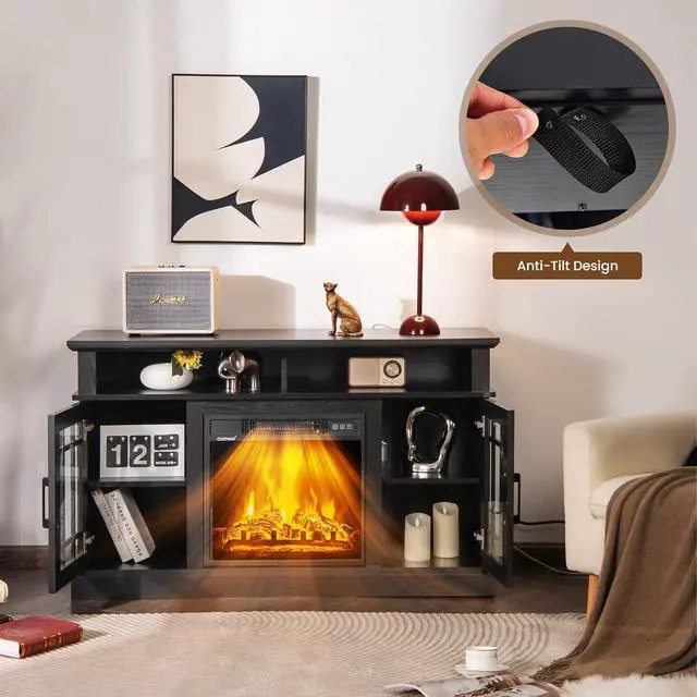 Alt view image 3 of 7 - Happygrill Electric Fireplace TV Stand with Remote Control, 48 inch TV Stand with Fireplace Heater, Multifunctional Console Table with Storage Cabinets