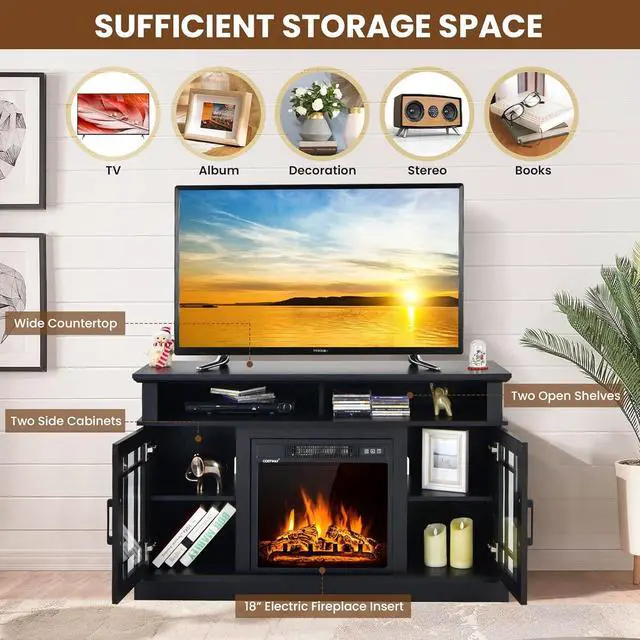 Alt view image 4 of 7 - Happygrill Electric Fireplace TV Stand with Remote Control, 48 inch TV Stand with Fireplace Heater, Multifunctional Console Table with Storage Cabinets