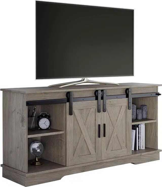 Alt view image 6 of 7 - Lavish Home TV Stand - 65-Inch Entertainment Center with Media Console Shelves, Cable Management, and Sliding X-Style Barn Doors (Gray Woodgrain)