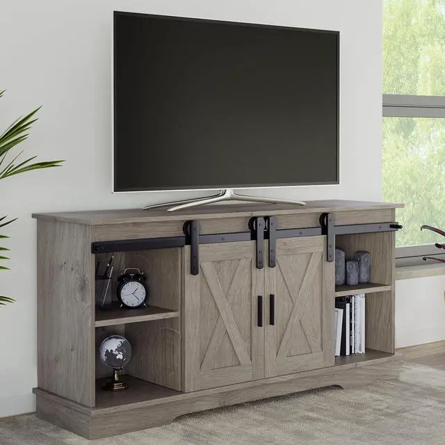 Main image of Lavish Home TV Stand - 65-Inch Entertainment Center with Media Console Shelves, Cable Management, and Sliding X-Style Barn Doors (Gray Woodgrain)
