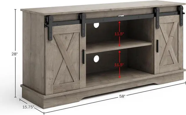 Alt view image 2 of 7 - Lavish Home TV Stand - 65-Inch Entertainment Center with Media Console Shelves, Cable Management, and Sliding X-Style Barn Doors (Gray Woodgrain)