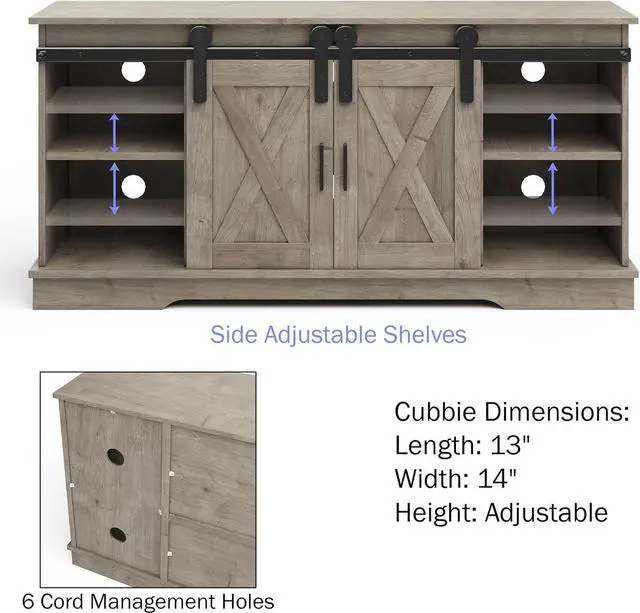 Alt view image 4 of 7 - Lavish Home TV Stand - 65-Inch Entertainment Center with Media Console Shelves, Cable Management, and Sliding X-Style Barn Doors (Gray Woodgrain)