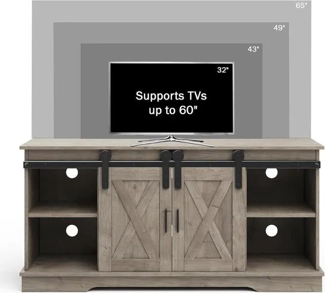 Alt view image 3 of 7 - Lavish Home TV Stand - 65-Inch Entertainment Center with Media Console Shelves, Cable Management, and Sliding X-Style Barn Doors (Gray Woodgrain)