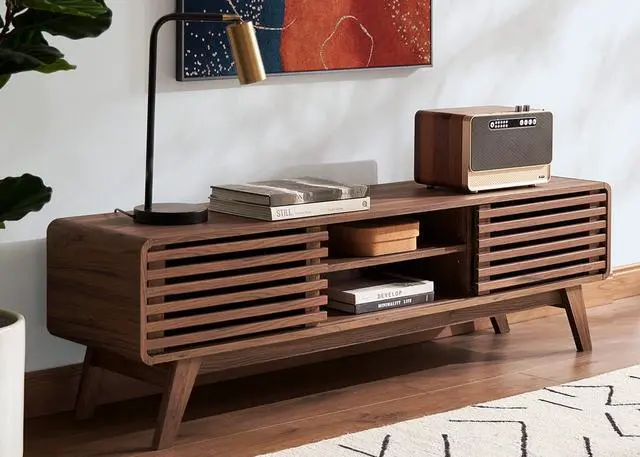 Main image of mopio Ensley TV Stand, Mid Century Modern for 55/60/65 inch TV, Farmhouse TV Stand, Entertainment Center with Storage, TV and Media Console for Living Room (Walnut, 59 inch Low)