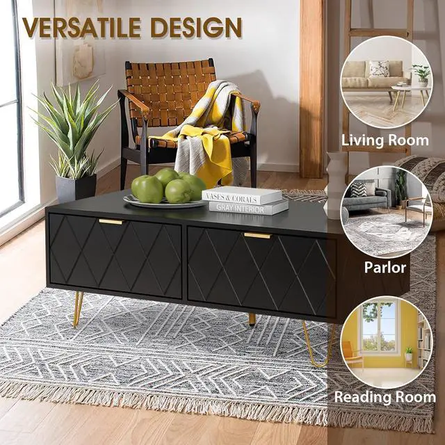Alt view image 5 of 7 - Anbuy Coffee Table for Living Room with Storage, Rectangle Coffee Table with Dual Storage Drawers & 2 Open Shelf, Wood TV Stand Side End Table for Apartment Black