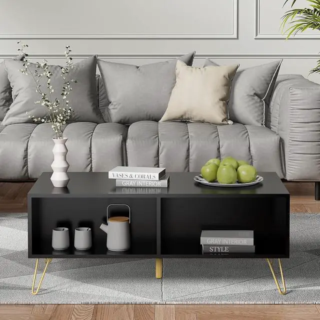 Alt view image 7 of 7 - Anbuy Coffee Table for Living Room with Storage, Rectangle Coffee Table with Dual Storage Drawers & 2 Open Shelf, Wood TV Stand Side End Table for Apartment Black