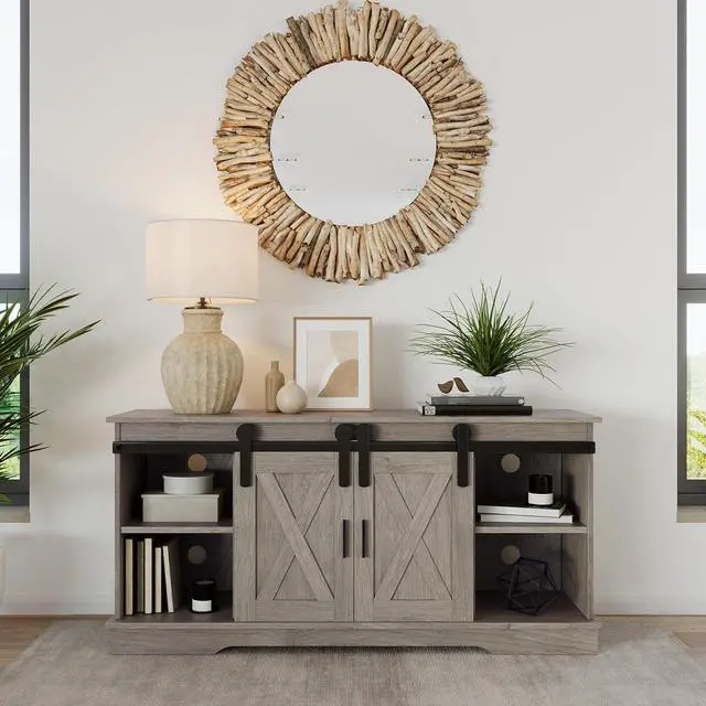 Alt view image 5 of 7 - Lavish Home TV Stand - 65-Inch Entertainment Center with Media Console Shelves, Cable Management, and Sliding X-Style Barn Doors (Gray Woodgrain)
