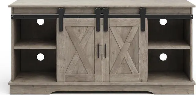 Alt view image 7 of 7 - Lavish Home TV Stand - 65-Inch Entertainment Center with Media Console Shelves, Cable Management, and Sliding X-Style Barn Doors (Gray Woodgrain)