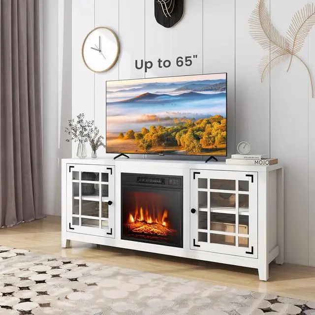 Alt view image 2 of 7 - COSTWAY Electric Fireplace TV Stand for TVs up to 65-inch, 18-inch Fireplace Entertainment Center with Remote Control, Thermostat, TV Console with Adjustable Shelves for Living Room Bedroom, White