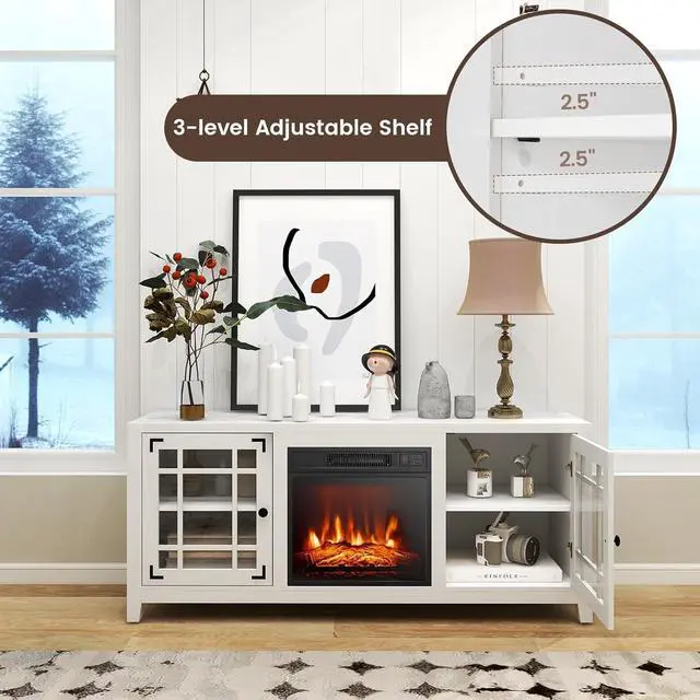 Alt view image 3 of 7 - COSTWAY Electric Fireplace TV Stand for TVs up to 65-inch, 18-inch Fireplace Entertainment Center with Remote Control, Thermostat, TV Console with Adjustable Shelves for Living Room Bedroom, White