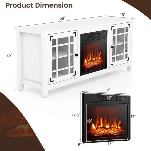 Alt view image 4 of 7 - COSTWAY Electric Fireplace TV Stand for TVs up to 65-inch, 18-inch Fireplace Entertainment Center with Remote Control, Thermostat, TV Console with Adjustable Shelves for Living Room Bedroom, White