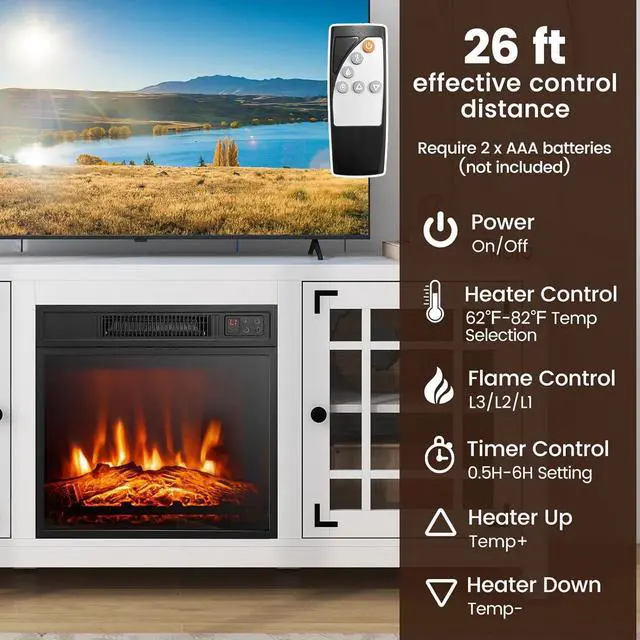 Alt view image 5 of 7 - COSTWAY Electric Fireplace TV Stand for TVs up to 65-inch, 18-inch Fireplace Entertainment Center with Remote Control, Thermostat, TV Console with Adjustable Shelves for Living Room Bedroom, White