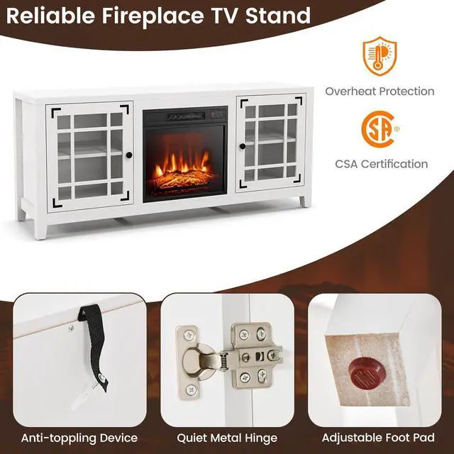 Alt view image 7 of 7 - COSTWAY Electric Fireplace TV Stand for TVs up to 65-inch, 18-inch Fireplace Entertainment Center with Remote Control, Thermostat, TV Console with Adjustable Shelves for Living Room Bedroom, White