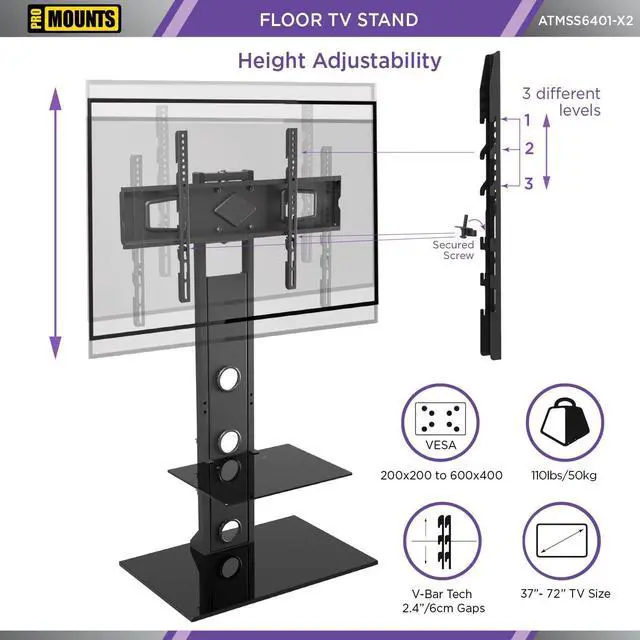 Alt view image 2 of 7 - ProMounts Floor TV Stand Swivel for Most 37-72 Inch TVs, Height Adjustable TV Stand with ±25° Swivel, Floor TV Mount with Adjustable AV Shelf, Floor Monitor Stand Height Adjustable