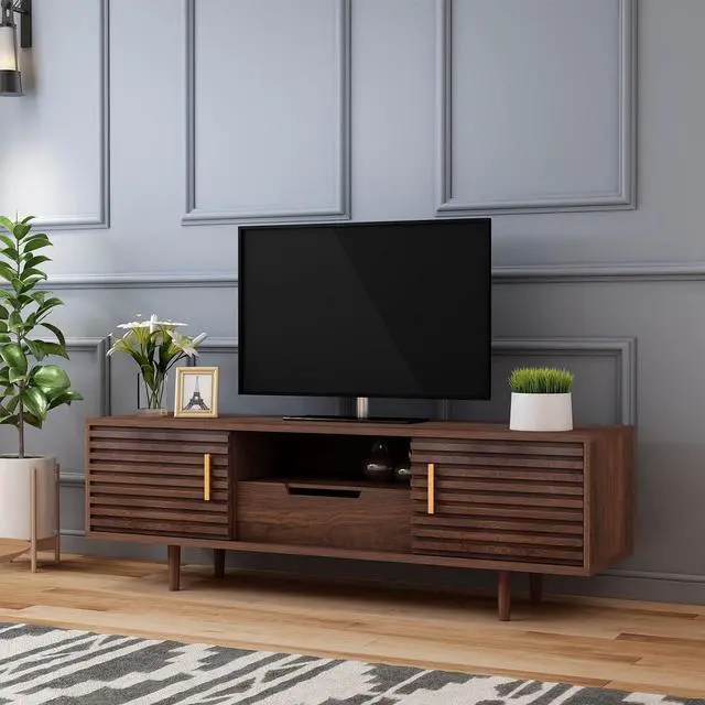 Alt view image 2 of 7 - Alohappy Mid-Century Modern TV Stand for up to 60 Inch TVs, 59" Wood Entertainment Center TV Console Table with Storage Drawer and Open Shelves, Stylish TV Cabinet for Living Room/Bedroom, Brown