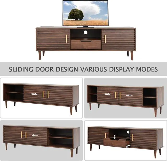 Alt view image 3 of 7 - Alohappy Mid-Century Modern TV Stand for up to 60 Inch TVs, 59" Wood Entertainment Center TV Console Table with Storage Drawer and Open Shelves, Stylish TV Cabinet for Living Room/Bedroom, Brown