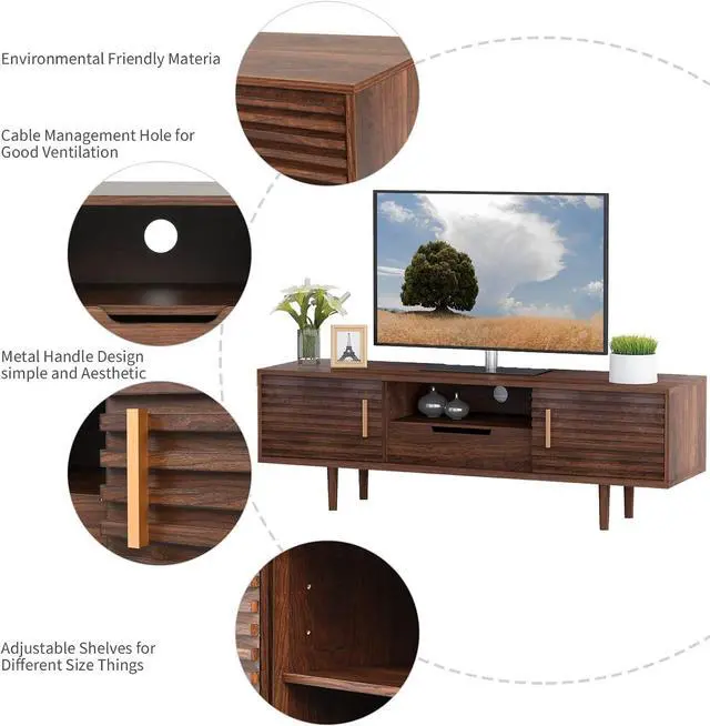 Alt view image 4 of 7 - Alohappy Mid-Century Modern TV Stand for up to 60 Inch TVs, 59" Wood Entertainment Center TV Console Table with Storage Drawer and Open Shelves, Stylish TV Cabinet for Living Room/Bedroom, Brown