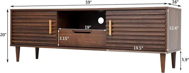 Alt view image 5 of 7 - Alohappy Mid-Century Modern TV Stand for up to 60 Inch TVs, 59" Wood Entertainment Center TV Console Table with Storage Drawer and Open Shelves, Stylish TV Cabinet for Living Room/Bedroom, Brown