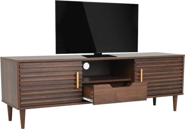 Alt view image 7 of 7 - Alohappy Mid-Century Modern TV Stand for up to 60 Inch TVs, 59" Wood Entertainment Center TV Console Table with Storage Drawer and Open Shelves, Stylish TV Cabinet for Living Room/Bedroom, Brown