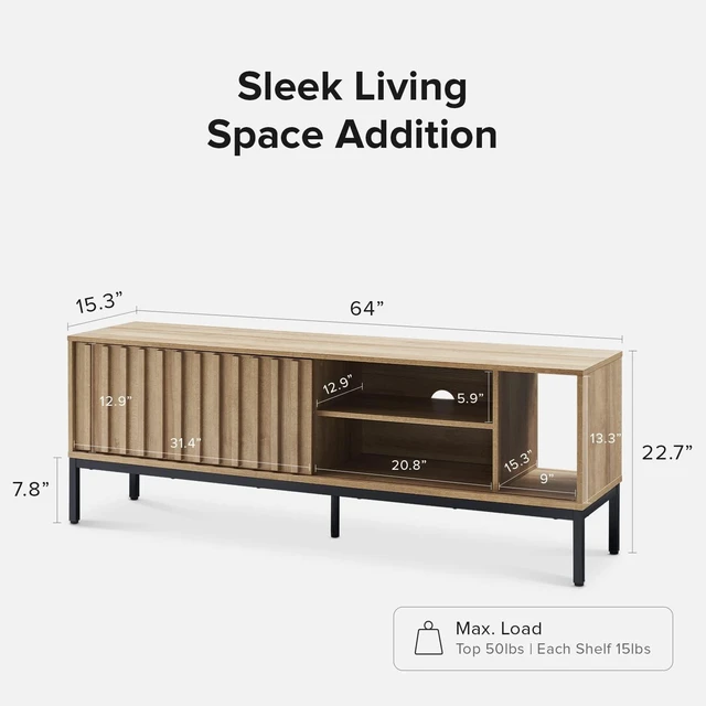 Alt view image 2 of 7 - mopio Norwin TV Stand, Rustic Modern Industrial Television Stand for 60/65/70 inch TV, Fluted Entertainment Center with Storage, Wood Media Console Credenza Cabinet Table (Oak 64" TV Stand)