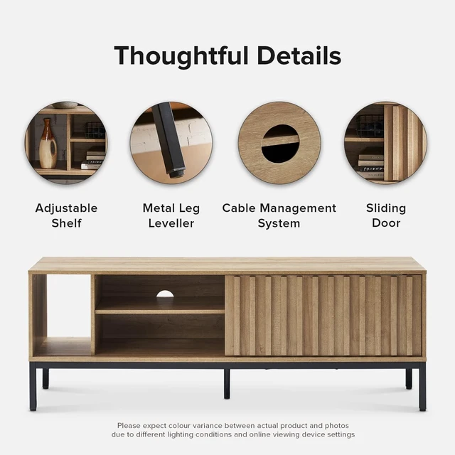 Alt view image 4 of 7 - mopio Norwin TV Stand, Rustic Modern Industrial Television Stand for 60/65/70 inch TV, Fluted Entertainment Center with Storage, Wood Media Console Credenza Cabinet Table (Oak 64" TV Stand)