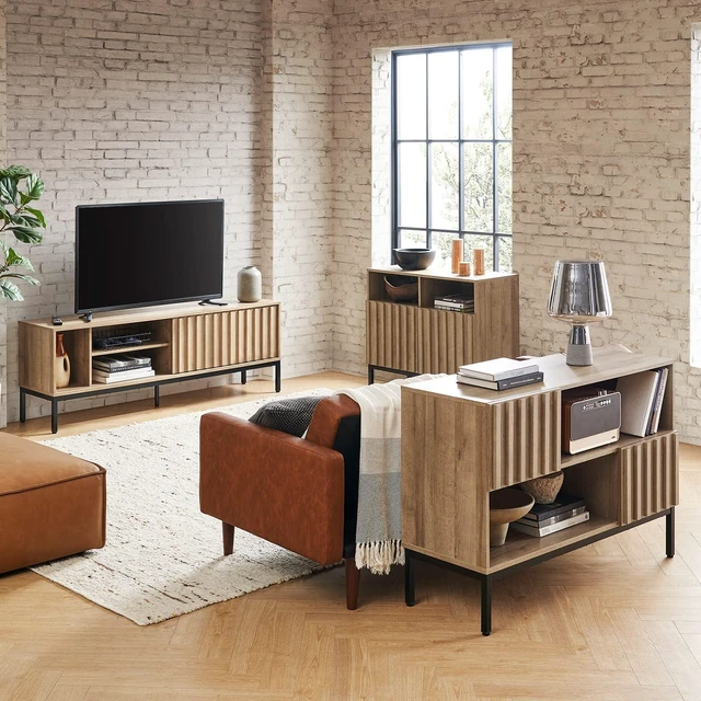 Alt view image 7 of 7 - mopio Norwin TV Stand, Rustic Modern Industrial Television Stand for 60/65/70 inch TV, Fluted Entertainment Center with Storage, Wood Media Console Credenza Cabinet Table (Oak 64" TV Stand)