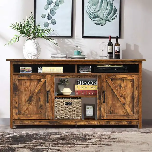 Alt view image 2 of 7 - Tangkula Industrial TV Stand with Barn Doors for TVs up to 65 Inches, Farmhouse TV Console Cabinet with Shelves & Cabinets, Rustic Entertainment Center for Living Room, TV Console Table, Rustic Brown