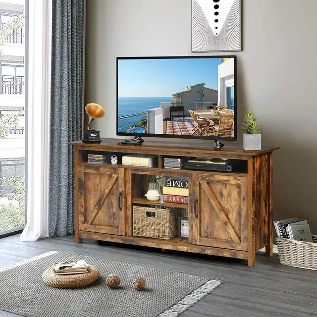 Alt view image 3 of 7 - Tangkula Industrial TV Stand with Barn Doors for TVs up to 65 Inches, Farmhouse TV Console Cabinet with Shelves & Cabinets, Rustic Entertainment Center for Living Room, TV Console Table, Rustic Brown