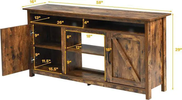Alt view image 4 of 7 - Tangkula Industrial TV Stand with Barn Doors for TVs up to 65 Inches, Farmhouse TV Console Cabinet with Shelves & Cabinets, Rustic Entertainment Center for Living Room, TV Console Table, Rustic Brown